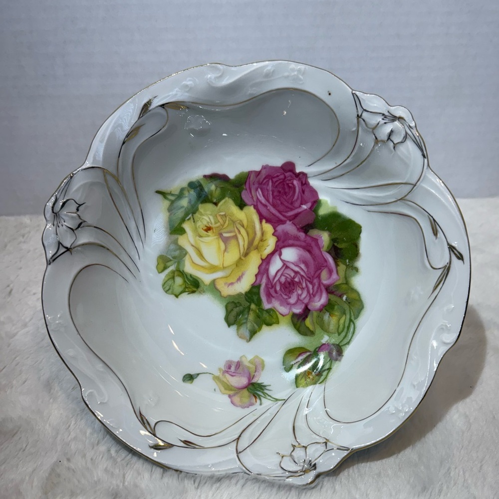 Vintage porcelain 9 1/2” serving bowl with pink & yellow roses & gold trim